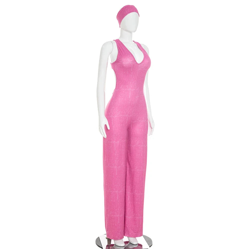 Casual sports faux washed printed headband paired with backless flared jumpsuit