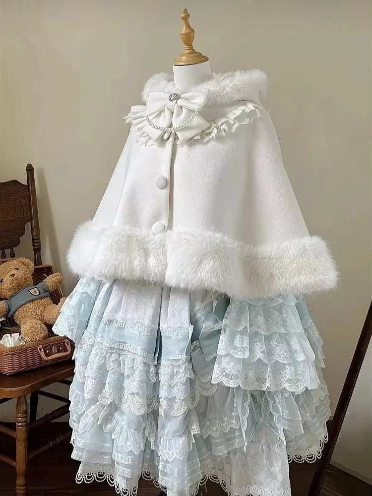 Winter  New Lolita Shawl Overcoat Women Design Bow Hooded Patchwork Kawaii Cope Coat Female Warm Chic Sweet Fur Collar Coat