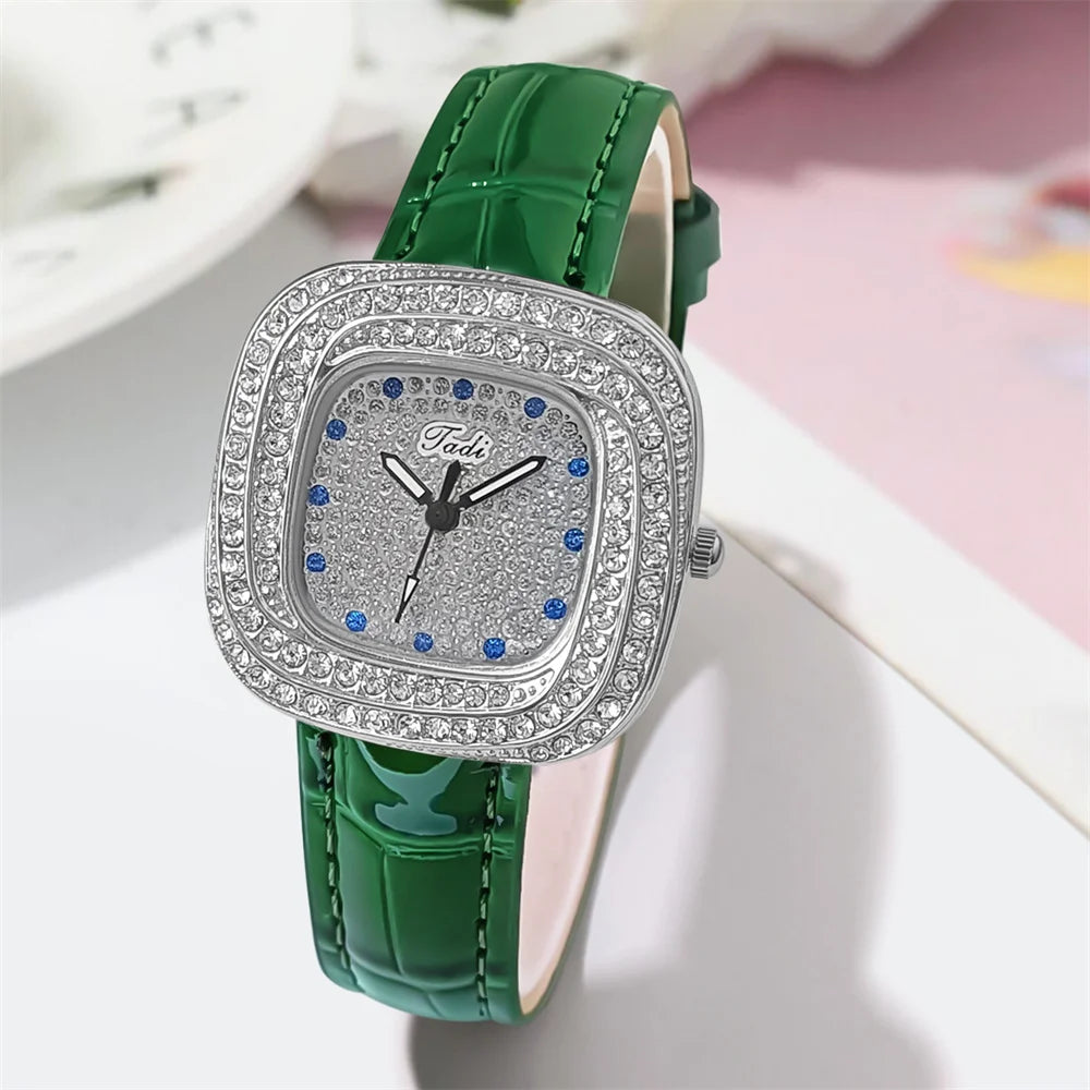 Women's 2025 New Luxury Full Star Diamonds Square Quartz Watch Business Women's Green Leather Casual Dress Clock Wristwatch