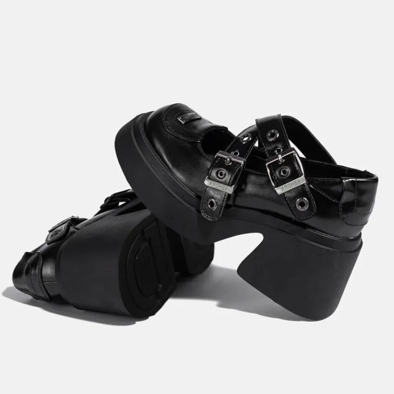 Mary Jane Shoes 2026 New Punk Metal Block Heel Platform Women's Shallow Mouth Buckle Single Shoes