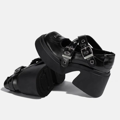 Mary Jane Shoes 2026 New Punk Metal Block Heel Platform Women's Shallow Mouth Buckle Single Shoes
