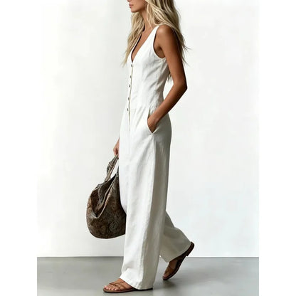 Women V Neck Spaghetti Strap Jumpsuit High Waist Pleated Wide Leg Long Pants with Pockets Casual Vacation Solid Overalls