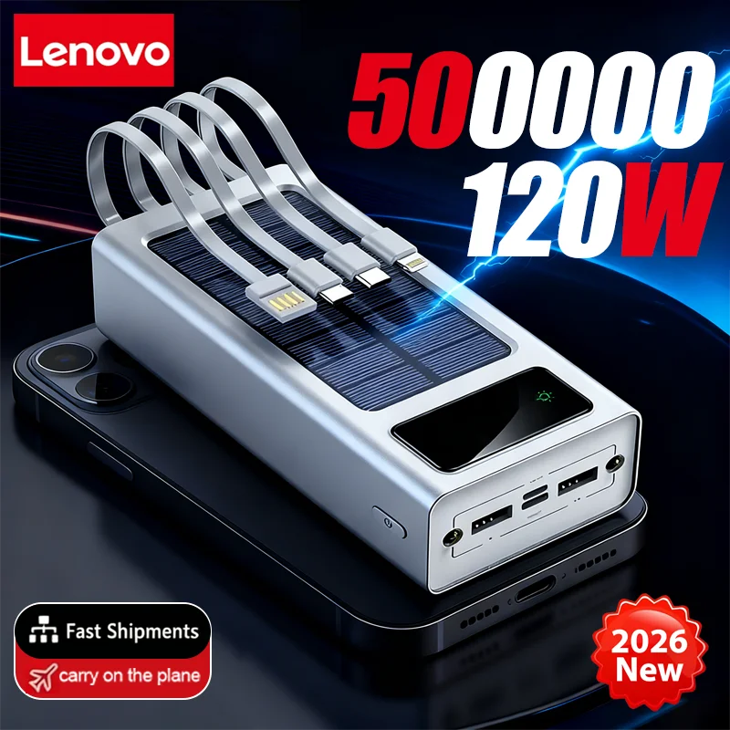 Lenovo Solar Power Bank 200000mAh Large Capacity Mobile Power Fast Charging Battery With Dual USB 4-Cables For iPhone Samsung