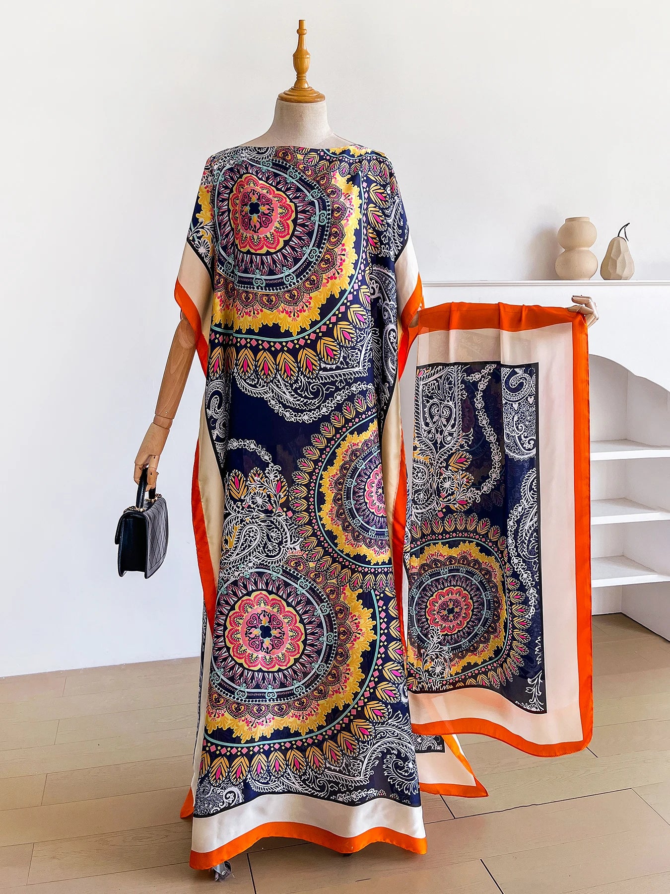 Dubai Mandala Paisley Print Abaya With Matching Scarf, Boat Neck Batwing Sleeve Loose Maxi Kaftan For African Muslim Women