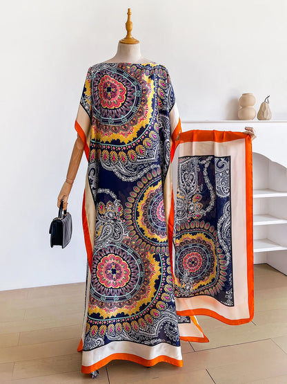 Dubai Mandala Paisley Print Abaya With Matching Scarf, Boat Neck Batwing Sleeve Loose Maxi Kaftan For African Muslim Women