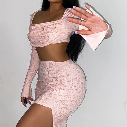 Luxury Y2k Bodycon Sexy Two-piece Set Skirt Sets Sequins Pearls Women Outfits Evening Party Gowns Chic Dresses Short Suits White