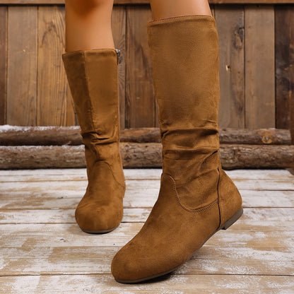 Hot Sale Womens Boots Side Zip Mid Calf Boots Trend Suede Women Flat Boots Luxury Plus Size Women Shoes High Quality Botas Mujer