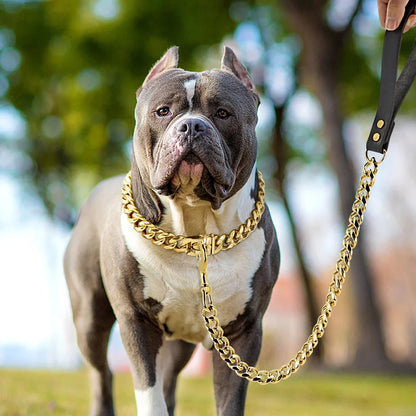 Traction Solid Super Strong Gold Collar Stainles Steel Dog Leash Pet Lead Chain 32mm 19mm Bulldog Pitbull Large Dog Collar Leash