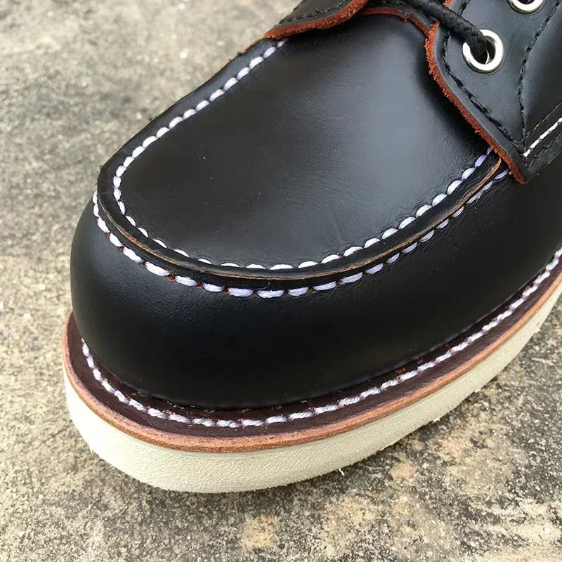 Men's Goodyear-Welted Vintage Genuine Leather Mid-calf Motorcycle Boots Round toe Casual Punk Dress Boots Work Shoes Western Red