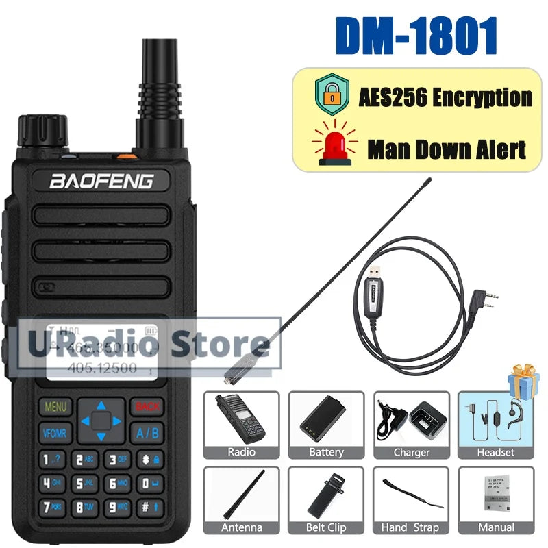 Baofeng DM-1801 DMR Digital Walkie Talkie Radio AES256 Man Down Seamless Roaming SMS Customizable Side Button Dual Band DR-1801