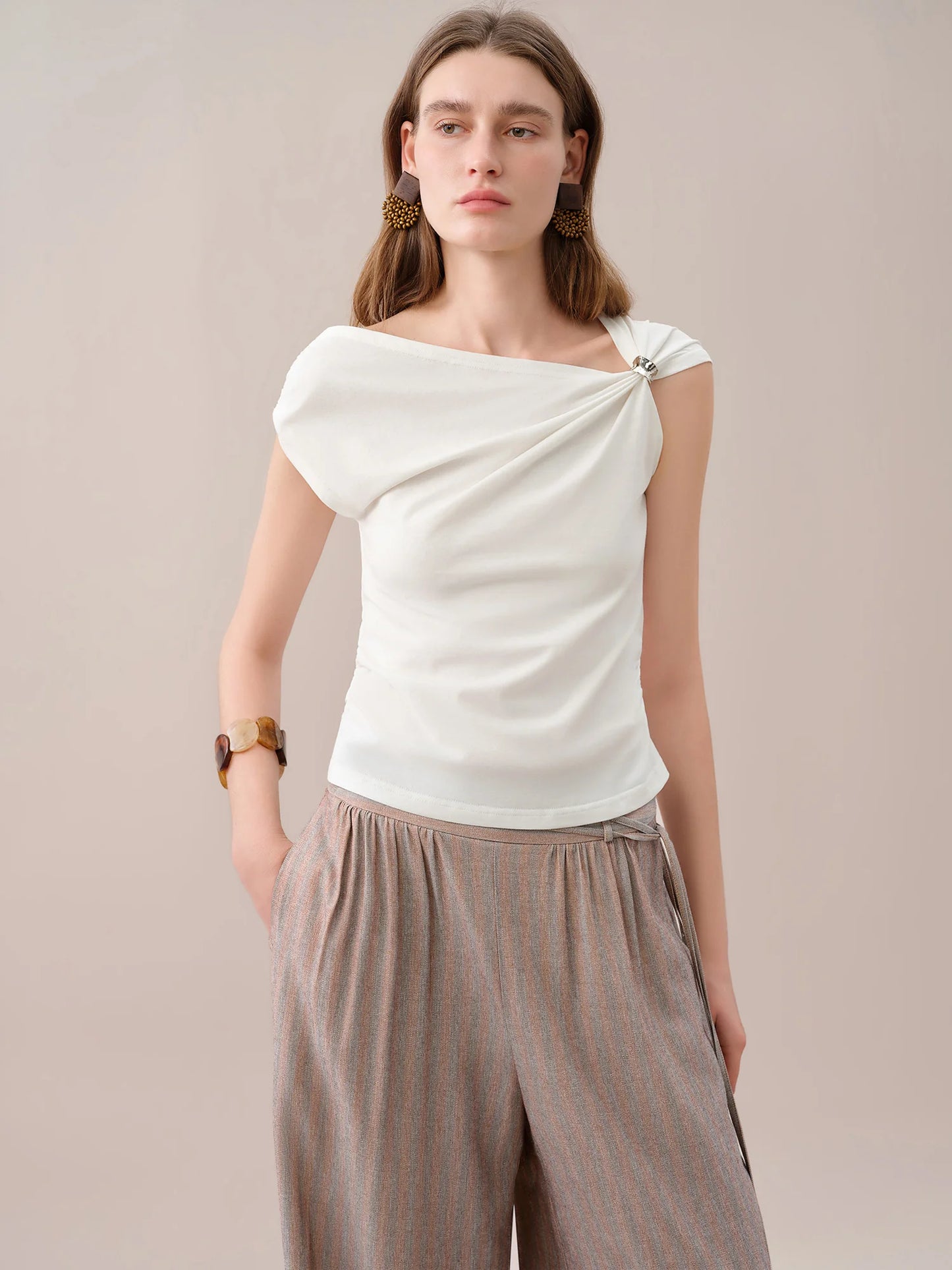 FSLE 【Premium Series】 Women's 2026 Summer New Asymmetrical Slant Neck Knit T-Shirt | Slim Fitted Stylish Top Cotton Contain Tops