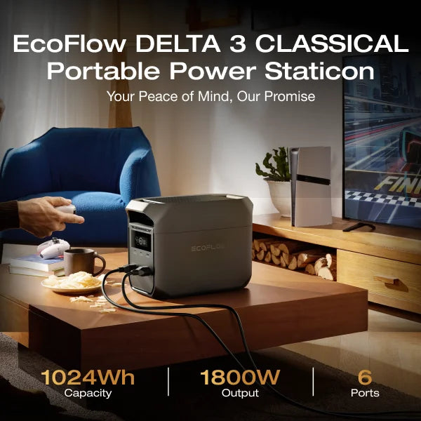 ECOFLOW Solar Generator DELTA 3 Classical Dark 1000, 1024Wh LiFePO4 Battery Portable Power Station, 1800W AC/100W USB-