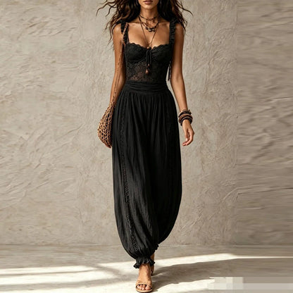 Elegant Sleeveless Fit Spliced Commute Rompers Summer New Pure High Waist Playsuits Temperament Lace Embroidery Halter Jumpsuits
