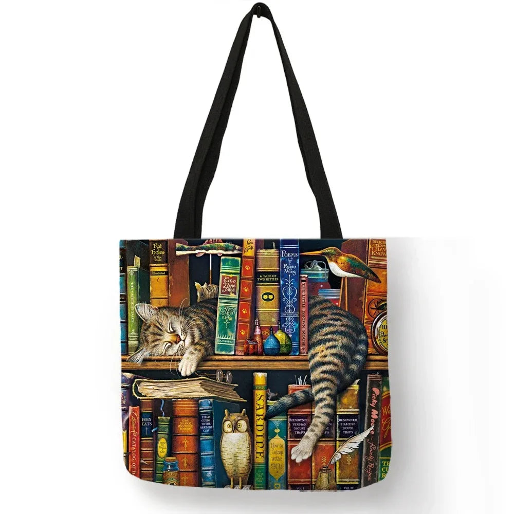 Oil Painting Cat Print Womens Designer Tote Bags Linen Reusable Shopping Bag For Groceries Shoulder Bags for Lady