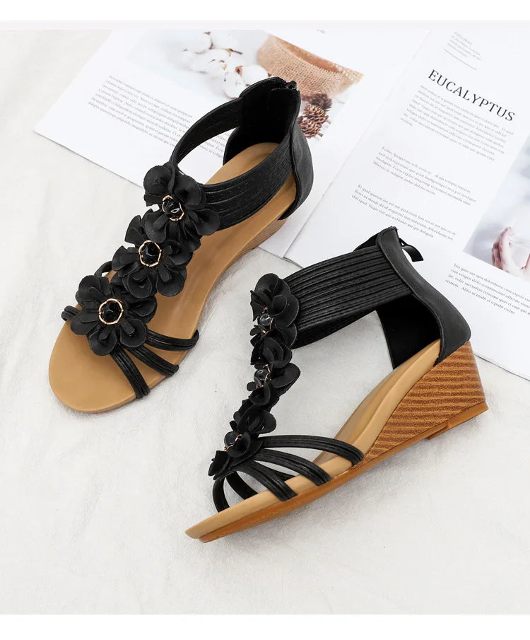 High quality leather flat sandals for women 5cm mid heel flower summer 2026 36 42 open toe vintage beach shoe black pink beige