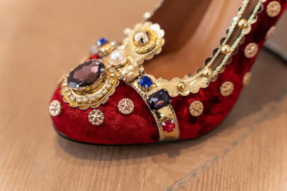 Purple Velvets Women Shallow Pumps Round Toe Crystal Gold Decorations Chunky High Heels 10cm Wine Red Prom Party Creepers Sapato
