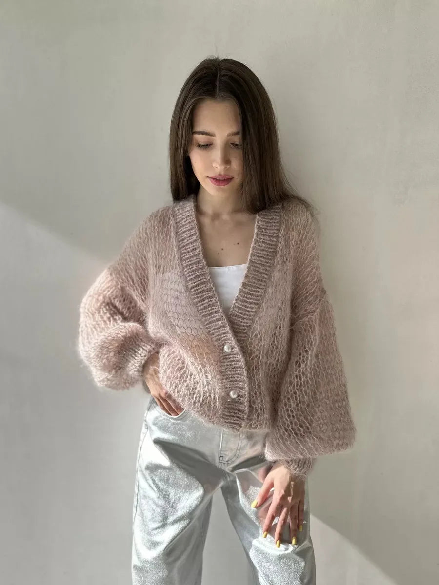 Women Knitting Cardigan 2026 New Women Mohair Knit Cardigan Hollow Out Sheer Long Sleeve Casual Knitted Outerwear Sweater