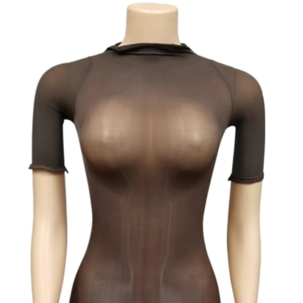 HLJ&GG Sexy See Though Stretchy Bodycon One Piece Rompers Women Round Neck Short Sleeve Slim Jumpsuits Hot Girl Nightclub Wear
