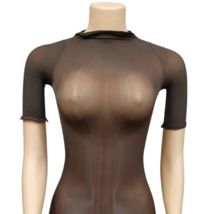 HLJ&GG Sexy See Though Stretchy Bodycon One Piece Rompers Women Round Neck Short Sleeve Slim Jumpsuits Hot Girl Nightclub Wear