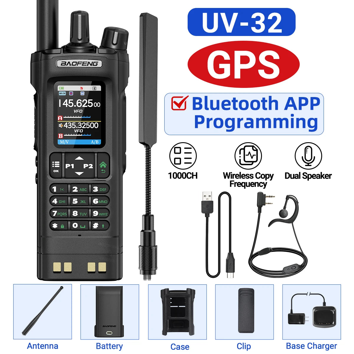 BAOFENG UV-32 GPS Walkie Talkie 10W Air Band Bluetooth Programming Wireless Copy Frequency Full Band FM Long Range Two Way Radio