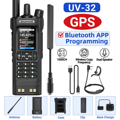 BAOFENG UV-32 GPS Walkie Talkie 10W Air Band Bluetooth Programming Wireless Copy Frequency Full Band FM Long Range Two Way Radio