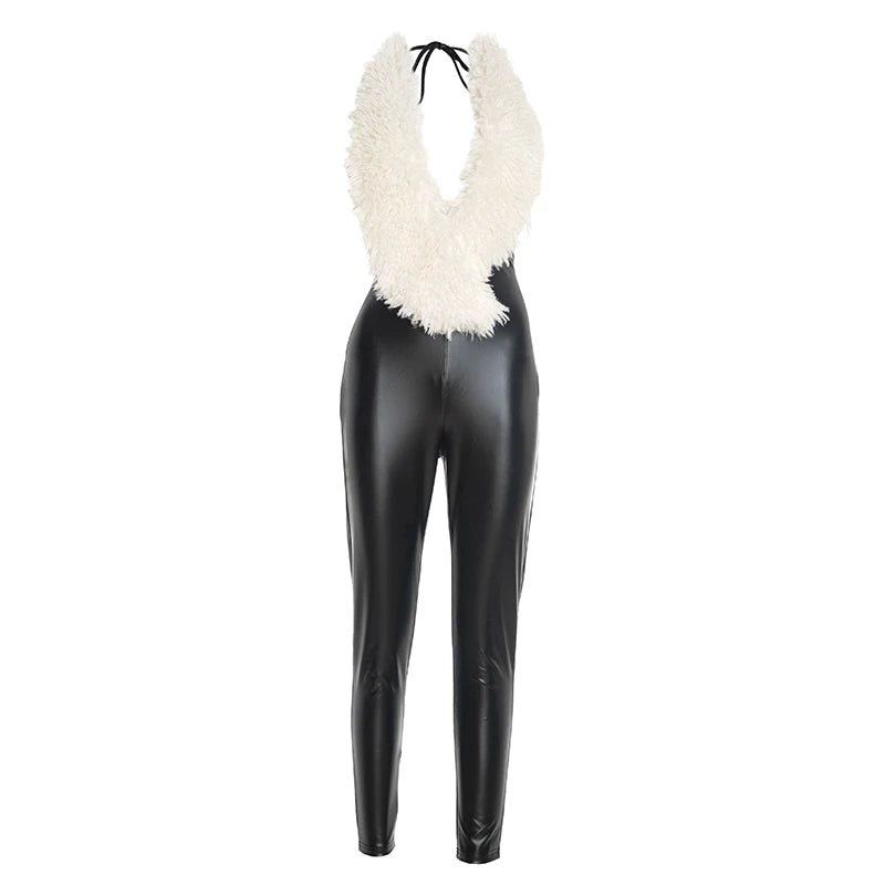 Cutenw PU Halter Furry Jumpsuit Women Sexy Lace-Up Backless Bandage Low Chest Sleeveless Hipster Street Clubwear Trend Overalls
