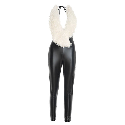 Cutenw PU Halter Furry Jumpsuit Women Sexy Lace-Up Backless Bandage Low Chest Sleeveless Hipster Street Clubwear Trend Overalls