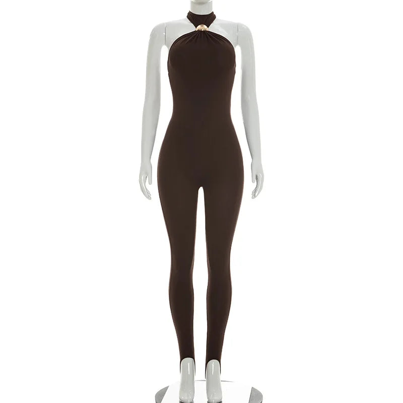 Off Shoulder Halter Sexy Jumpsuit Women Party Club Summer Bodycon Backless Rompers Sleeveless One Piece Overall Beach Vacation
