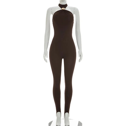 Off Shoulder Halter Sexy Jumpsuit Women Party Club Summer Bodycon Backless Rompers Sleeveless One Piece Overall Beach Vacation