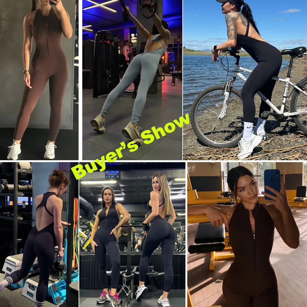 Sport Jumpsuits Women Zipper Fitness Overalls Sexy Backless Gym Bodysuits Scrunch One Piece Suit Workout Clothes Tracksuits