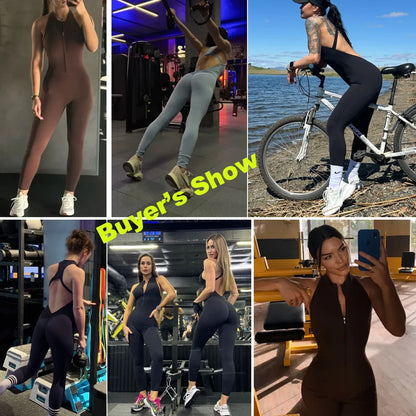 Sport Jumpsuits Women Zipper Fitness Overalls Sexy Backless Gym Bodysuits Scrunch One Piece Suit Workout Clothes Tracksuits