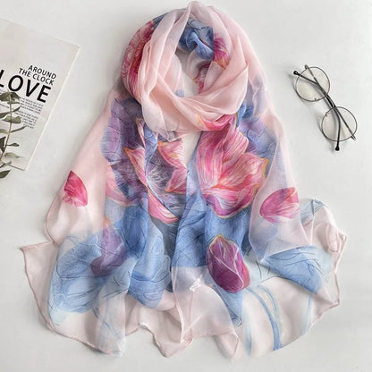 Floral Chiffon Scarf for Women - 160x50cm Silky Georgette, Lightweight  Summer Beach Wrap & Sun Protective Hijab