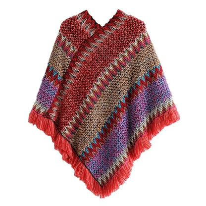 Coat Overlays Winter Warm Mongolian Poncho Striped Polyester Knitting Wraps Ethnic Style Pullover Tassel Shawl Women Fashion