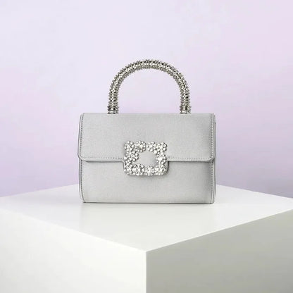 Rhinestone Faux Silk Emerald Evening Bag Silver Diamond Buckle Handle Fashion Handbags Elegant Ladies Square Bolsa Feminina