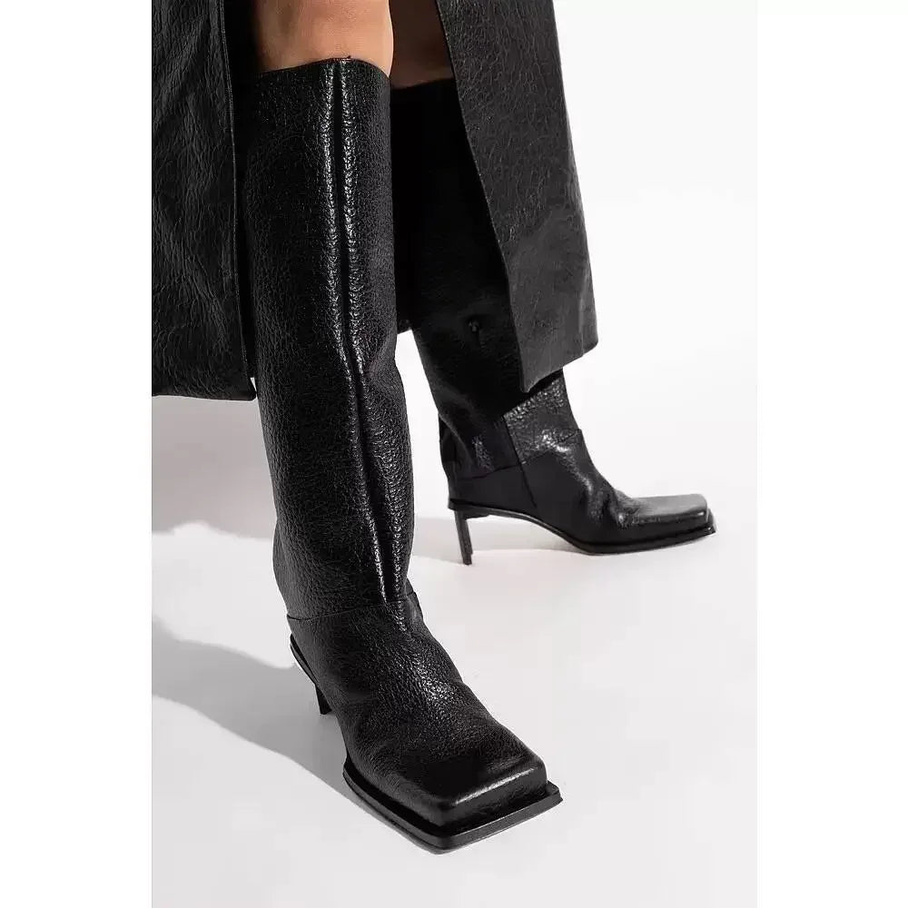 2026New Fashionable Square Head High Heels Women's Knee Length Boots with Side Zipper Stone Pattern Women's Mid Length Boots