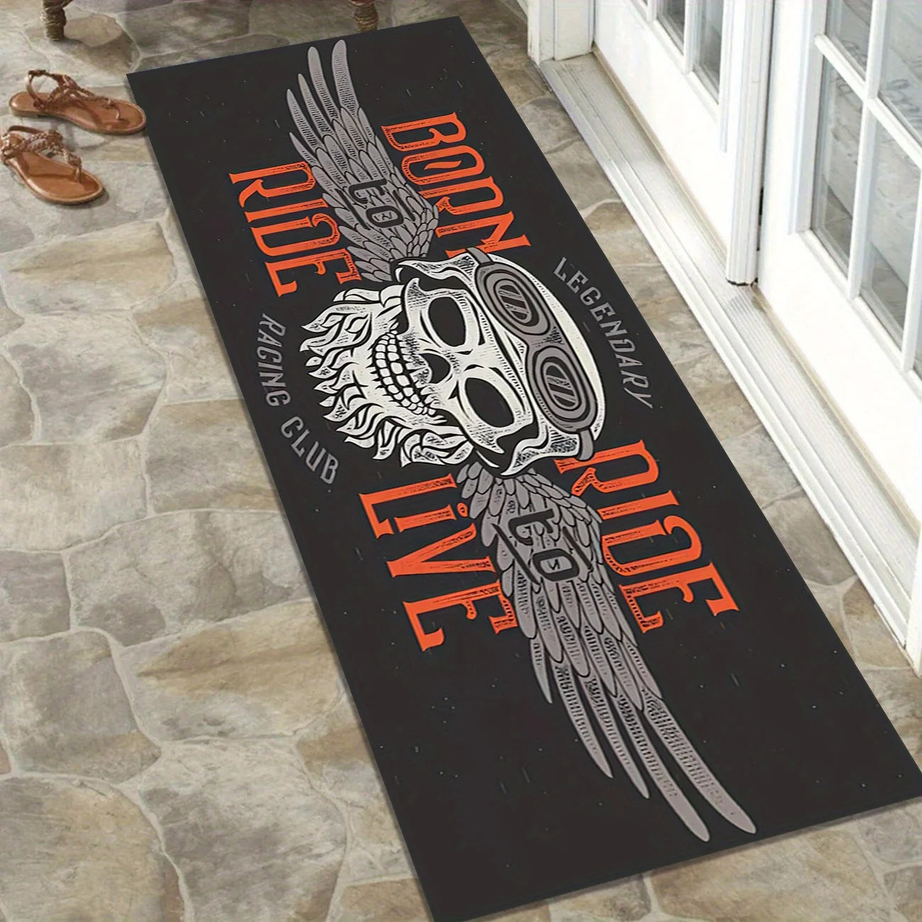VIKAMA Black Skull Motorcycle Stripe Cool Minimalist Long Rug, Easy-to-Manage Foldable Indoor/Outdoor Printed Floor Mat