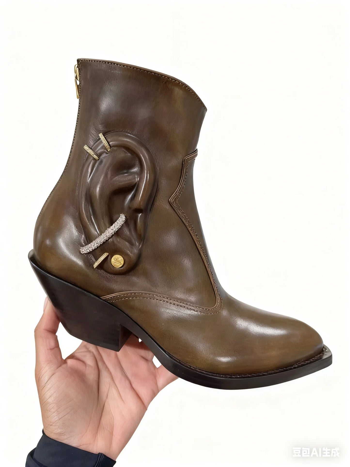 Genuine Leather Bling Rhinestone Pointed Toe Mid-Calf Women Boots Chunky High Heels Back Zipper Design Special Design Shoes