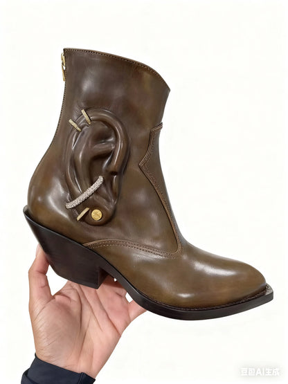 Genuine Leather Bling Rhinestone Pointed Toe Mid-Calf Women Boots Chunky High Heels Back Zipper Design Special Design Shoes