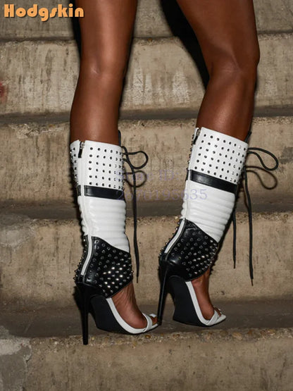 Sexy Red Black Rivet Sandals Square Toe Patchwork Cross-tied High Heels 2026 Summer Fashion New Women Lace-up Stiletto Shoes