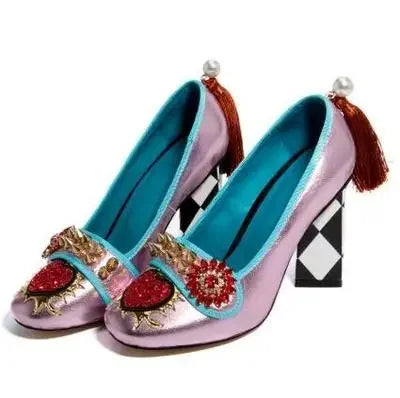 royal red heart crystal rivets Studs Pumps back pearl with tassel rhombus Square Heel Women Slip On mary jane Shoes