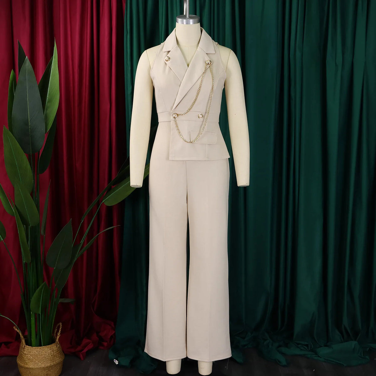 CMYAYA Elegant Womenv-neck High Waist Straight Sleeveless Blazer Jumpsuits 2024 Fall Street Chain Office Lady Party Rompers