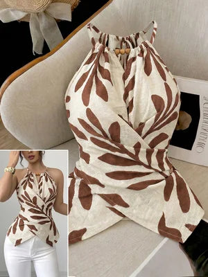 Women's Casual Cross Back Vest Plant Print Shoulder Bared Vest for Shopping Vacation Beach Travel Daily Casual Wear