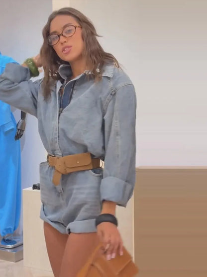 2026 Summer Autumn Street Denim Jumpsuits Women Long Sleeve Stand Collar Zipper Lady Jumpsuit With Belt Fashion Female Romper