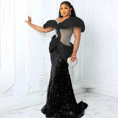 Customized Blue African Prom Dresses Plus Size 3D Pleated Off the Shoulder Evening Gowns Aso Ebi Style Wedding Reception Dress