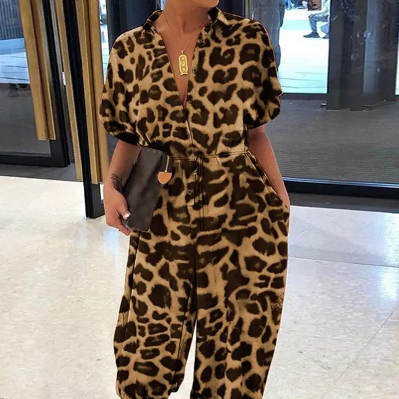 2025 Summer New Dot Leopard Print Jumpsuit Women Short Sleeve Leace-up Pocket Casual Jumpsuits Fashion Vintage Ladies Bodysuits