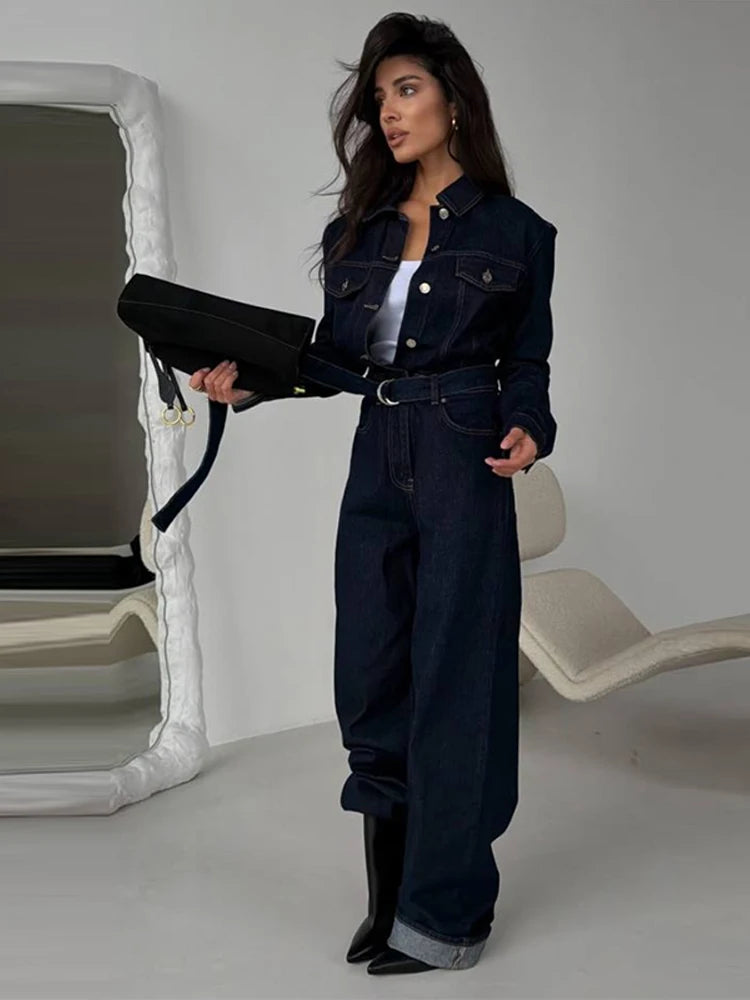 Chic Denim Women's Jumpsuit Turn-Down Collar Lace Up Full Sleeve Lady Long Jumpsuits 2026 Spring Casual Female Streetwear