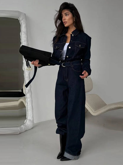 Chic Denim Women's Jumpsuit Turn-Down Collar Lace Up Full Sleeve Lady Long Jumpsuits 2026 Spring Casual Female Streetwear