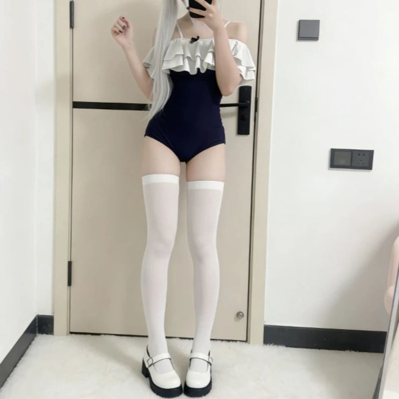 Japanese Harajuku Swimming Jumpsuits Girls Ruffles Sleeveless Straps Swimsuit Women Sexy Cosplay Bodysuit Hottie Tights Rompers