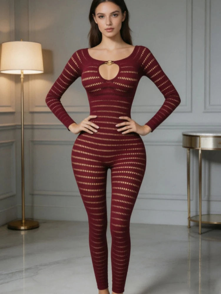 Sexy Knit See Through Bodycon Jumpsuits for Women 2026 New Summer Solid Color Hollow Out Rompers Night Party Club Playsuits