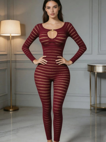 Sexy Knit See Through Bodycon Jumpsuits for Women 2026 New Summer Solid Color Hollow Out Rompers Night Party Club Playsuits